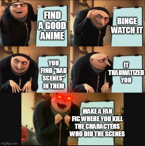 idk | BINGE WATCH IT; FIND A GOOD ANIME; IT TRAUMATIZED YOU; YOU FIND "BAD SCENES" IN THEM; MAKE A FAN FIC WHERE YOU KILL THE CHARACTERS WHO DID THE SCENES | image tagged in 5 panel gru meme | made w/ Imgflip meme maker