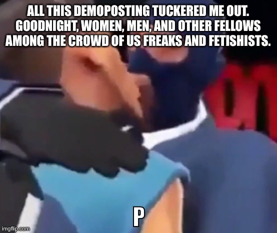 The p | ALL THIS DEMOPOSTING TUCKERED ME OUT. GOODNIGHT, WOMEN, MEN, AND OTHER FELLOWS AMONG THE CROWD OF US FREAKS AND FETISHISTS. | image tagged in the p | made w/ Imgflip meme maker