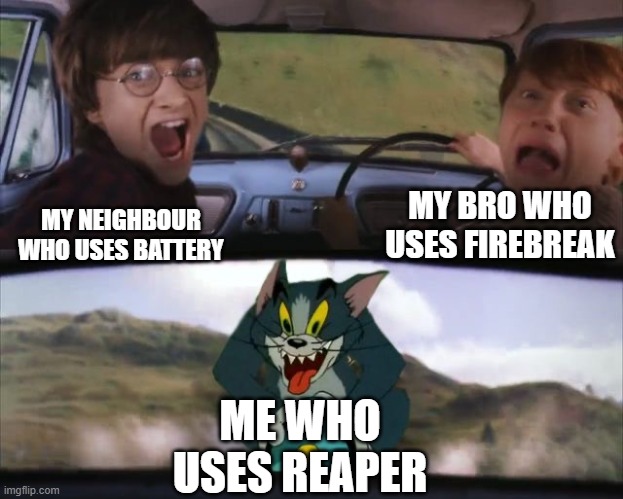 haha minigun go brrrrrrrr | MY BRO WHO USES FIREBREAK; MY NEIGHBOUR WHO USES BATTERY; ME WHO USES REAPER | image tagged in tom chasing harry and ron weasly,cod black ops 3 | made w/ Imgflip meme maker