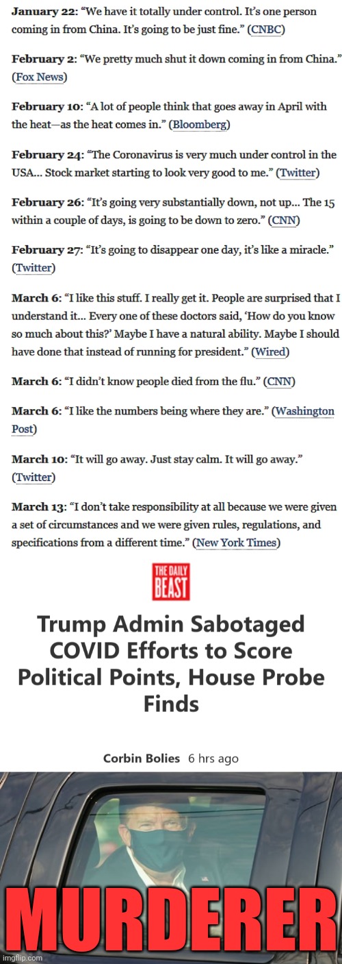 Trumpism is a disease. | MURDERER | image tagged in real trump covid quotes from 2020,sabotage,malignant narcissism,fascism,white supremacy,crimes against humanity | made w/ Imgflip meme maker