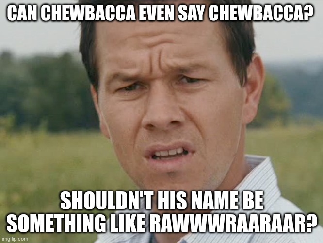 Chewy | CAN CHEWBACCA EVEN SAY CHEWBACCA? SHOULDN'T HIS NAME BE SOMETHING LIKE RAWWWRAARAAR? | image tagged in huh,star wars | made w/ Imgflip meme maker