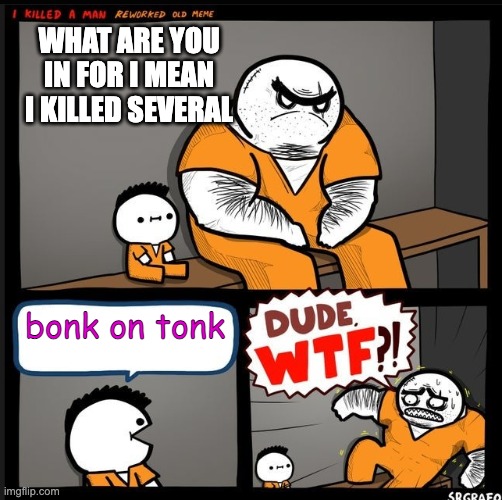 Srgrafo dude wtf | WHAT ARE YOU IN FOR I MEAN I KILLED SEVERAL bonk on tonk | image tagged in srgrafo dude wtf | made w/ Imgflip meme maker