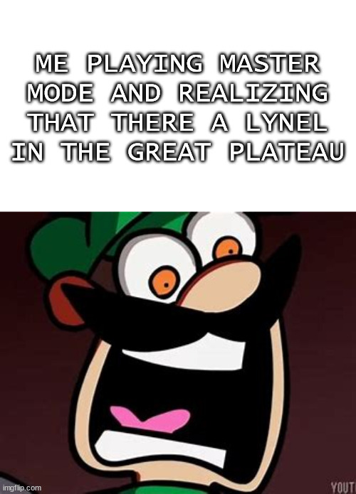 (insert screams of fear) | ME PLAYING MASTER MODE AND REALIZING THAT THERE A LYNEL IN THE GREAT PLATEAU | image tagged in luigi scream | made w/ Imgflip meme maker
