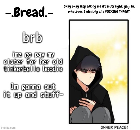 im desperate o k a y | brb; ima go pay my sister for her old tinkerbelle hoodie; Im gonna cut it up and stuff- | image tagged in breads inner peace temp | made w/ Imgflip meme maker
