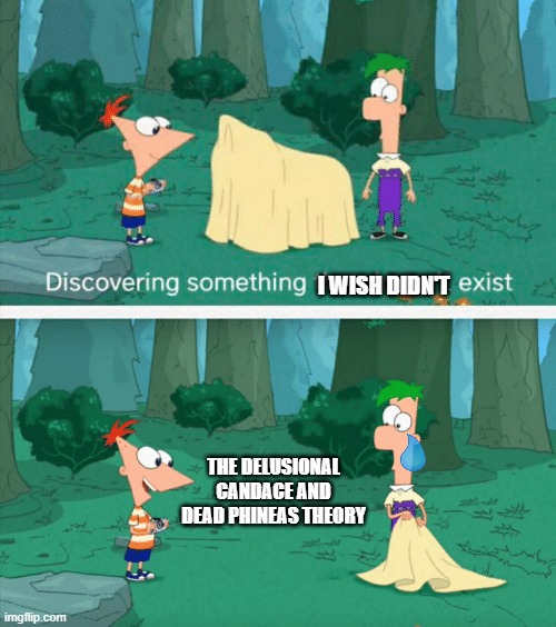 Discovering something that doesn't exist | I WISH DIDN'T; THE DELUSIONAL CANDACE AND DEAD PHINEAS THEORY | image tagged in discovering something that doesn't exist | made w/ Imgflip meme maker