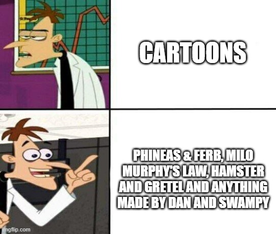 Drake but it's Doofenshmirtz | CARTOONS; PHINEAS & FERB, MILO MURPHY'S LAW, HAMSTER AND GRETEL AND ANYTHING MADE BY DAN AND SWAMPY | image tagged in drake but it's doofenshmirtz | made w/ Imgflip meme maker