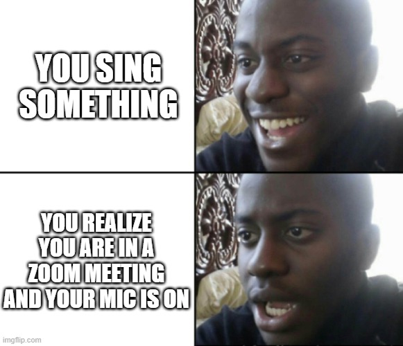 Happy / Shock | YOU SING SOMETHING; YOU REALIZE YOU ARE IN A ZOOM MEETING AND YOUR MIC IS ON | image tagged in happy / shock | made w/ Imgflip meme maker