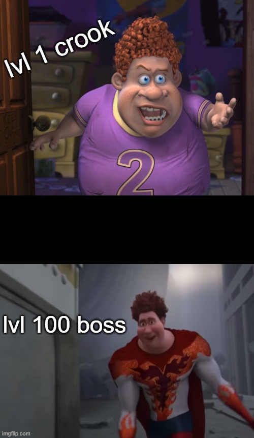 mobile game ads be like | lvl 1 crook; lvl 100 boss | image tagged in snotty boy glow up meme | made w/ Imgflip meme maker