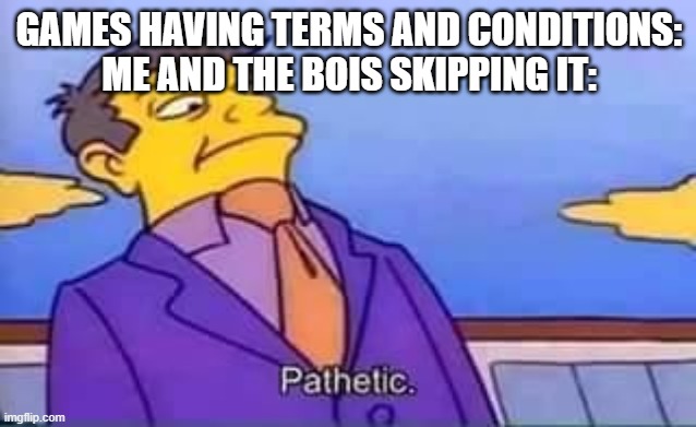 skinner pathetic | GAMES HAVING TERMS AND CONDITIONS:
ME AND THE BOIS SKIPPING IT: | image tagged in skinner pathetic | made w/ Imgflip meme maker