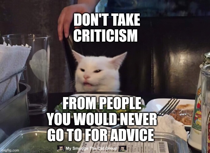 DON'T TAKE CRITICISM; FROM PEOPLE YOU WOULD NEVER GO TO FOR ADVICE | image tagged in smudge the cat | made w/ Imgflip meme maker