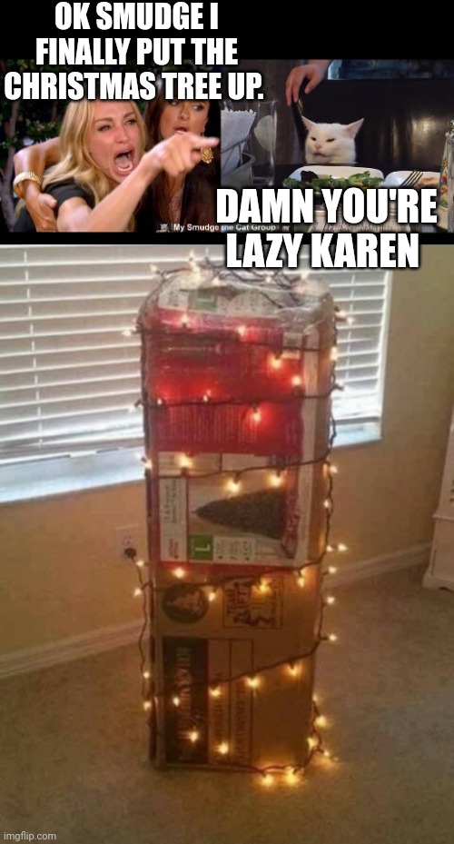 OK SMUDGE I FINALLY PUT THE CHRISTMAS TREE UP. DAMN YOU'RE LAZY KAREN | image tagged in smudge the cat | made w/ Imgflip meme maker