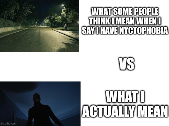Blank White Template | WHAT SOME PEOPLE THINK I MEAN WHEN I SAY I HAVE NYCTOPHOBIA; VS; WHAT I ACTUALLY MEAN | image tagged in blank white template,nyctophobia,relatable,phobias,what people think i mean vs what i actually mean | made w/ Imgflip meme maker