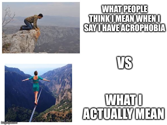Blank White Template | WHAT PEOPLE THINK I MEAN WHEN I SAY I HAVE ACROPHOBIA; VS; WHAT I ACTUALLY MEAN | image tagged in blank white template,acrophobia,relatable,phobias,what people think i mean vs what i actually mean | made w/ Imgflip meme maker