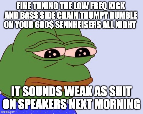 Pepe the Frog | FINE TUNING THE LOW FREQ KICK AND BASS SIDE CHAIN THUMPY RUMBLE ON YOUR 600$ SENNHEISERS ALL NIGHT; IT SOUNDS WEAK AS SHIT ON SPEAKERS NEXT MORNING | image tagged in pepe the frog,Audiomemes | made w/ Imgflip meme maker