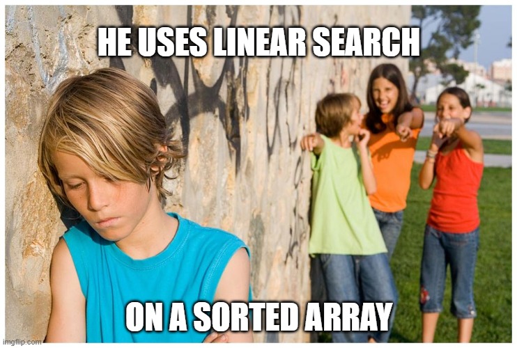 Coding meme | HE USES LINEAR SEARCH; ON A SORTED ARRAY | image tagged in kids laughing at other kid | made w/ Imgflip meme maker
