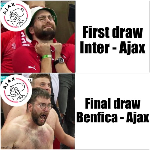 Ajax fans... XDD (Sorry for being too late) |  First draw
Inter - Ajax; Final draw
Benfica - Ajax | image tagged in swiss fan,ajax,inter,benfica,champions league,memes | made w/ Imgflip meme maker