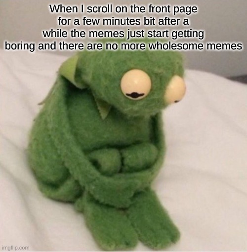 relatable? | When I scroll on the front page for a few minutes bit after a while the memes just start getting boring and there are no more wholesome memes | image tagged in sad kermit | made w/ Imgflip meme maker