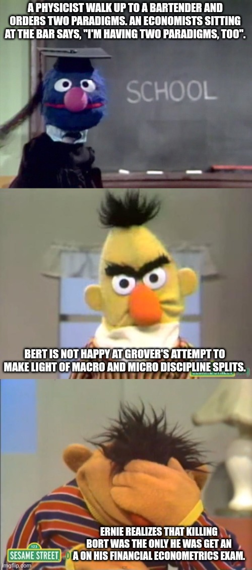 Duc isn't a AAUP AFL-CIO Dr. | A PHYSICIST WALK UP TO A BARTENDER AND ORDERS TWO PARADIGMS. AN ECONOMISTS SITTING AT THE BAR SAYS, "I'M HAVING TWO PARADIGMS, TOO". BERT IS NOT HAPPY AT GROVER'S ATTEMPT TO MAKE LIGHT OF MACRO AND MICRO DISCIPLINE SPLITS. ERNIE REALIZES THAT KILLING BORT WAS THE ONLY HE WAS GET AN A ON HIS FINANCIAL ECONOMETRICS EXAM. | image tagged in grover,sesame street - angry bert,face palm ernie,e made the astronomers and actuaries laugh,q is all but carded | made w/ Imgflip meme maker