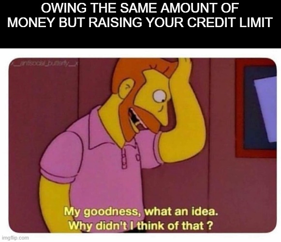 Why Didnt I Think Of That? | OWING THE SAME AMOUNT OF MONEY BUT RAISING YOUR CREDIT LIMIT | image tagged in why didnt i think of that | made w/ Imgflip meme maker