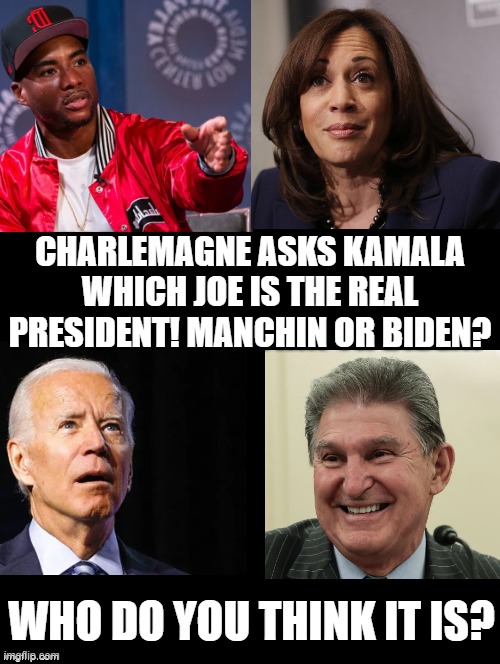 Who is the REAL President? | CHARLEMAGNE ASKS KAMALA WHICH JOE IS THE REAL PRESIDENT! MANCHIN OR BIDEN? WHO DO YOU THINK IT IS? | image tagged in stupid liberals,morons,idiots,racists,biden,kamala harris | made w/ Imgflip meme maker