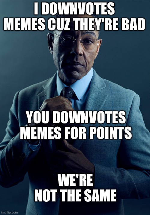 Gus Fring we are not the same | I DOWNVOTES MEMES CUZ THEY'RE BAD YOU DOWNVOTES MEMES FOR POINTS WE'RE NOT THE SAME | image tagged in gus fring we are not the same | made w/ Imgflip meme maker