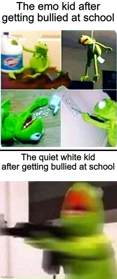 Skool kids |  The emo kid after getting bullied at school; The quiet white kid after getting bullied at school | image tagged in kermit suicide,school shooter muppet | made w/ Imgflip meme maker