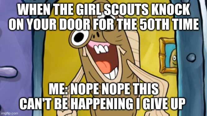 Distortion | WHEN THE GIRL SCOUTS KNOCK ON YOUR DOOR FOR THE 50TH TIME; ME: NOPE NOPE THIS CAN'T BE HAPPENING I GIVE UP | image tagged in distortion | made w/ Imgflip meme maker