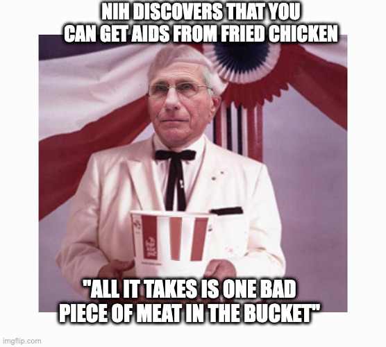 ANOTHER AMAZING DISCOVERY | NIH DISCOVERS THAT YOU CAN GET AIDS FROM FRIED CHICKEN; "ALL IT TAKES IS ONE BAD PIECE OF MEAT IN THE BUCKET" | image tagged in aids,fauci,cdc,nih | made w/ Imgflip meme maker