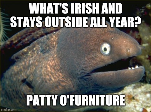 Outside and Irish |  WHAT'S IRISH AND STAYS OUTSIDE ALL YEAR? PATTY O'FURNITURE | image tagged in memes,bad joke eel,outside,irish | made w/ Imgflip meme maker