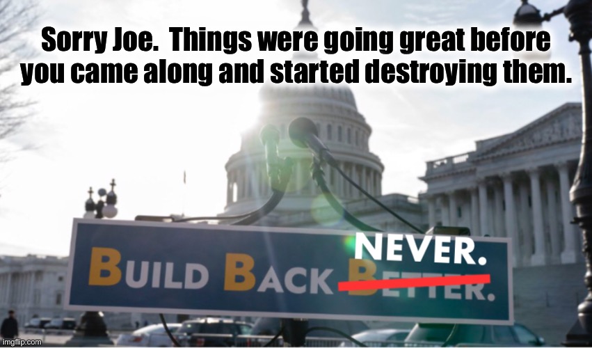 Build Back Never | Sorry Joe.  Things were going great before you came along and started destroying them. | image tagged in build back never | made w/ Imgflip meme maker