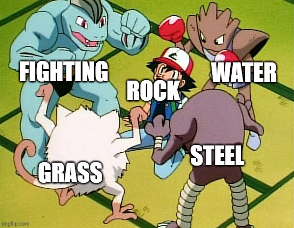 By Gen 3 it's Rock tower collapsed completely and became a worthless type | FIGHTING; WATER; ROCK; STEEL; GRASS | image tagged in pokemon gang,pokemon,types | made w/ Imgflip meme maker