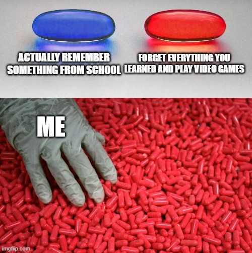 Blue or red pill | ACTUALLY REMEMBER SOMETHING FROM SCHOOL; FORGET EVERYTHING YOU LEARNED AND PLAY VIDEO GAMES; ME | image tagged in blue or red pill | made w/ Imgflip meme maker