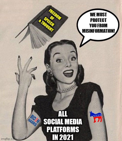 Remember when social media started as a forum for sharing ideas and thoughts? Only took Democrats 18 years to ruin it! | WE MUST PROTECT YOU FROM MISINFORMATION! FREEDOM OF SPEECH & THOUGHT; ALL SOCIAL MEDIA PLATFORMS IN 2021 | image tagged in throwing book vintage woman,orwellian,democratic party,liberal logic,stupid people | made w/ Imgflip meme maker