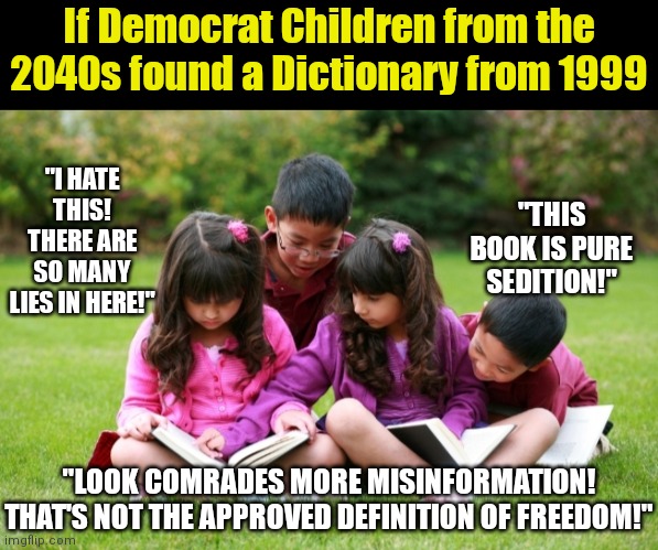 Pretty much the dream of all liberal Democrats for children....at least the ones who are not aborted. | If Democrat Children from the 2040s found a Dictionary from 1999; "I HATE THIS! THERE ARE SO MANY LIES IN HERE!"; "THIS BOOK IS PURE SEDITION!"; "LOOK COMRADES MORE MISINFORMATION! THAT'S NOT THE APPROVED DEFINITION OF FREEDOM!" | image tagged in children reading books,political correctness,government corruption,stupid liberals,liberal logic,task failed successfully | made w/ Imgflip meme maker