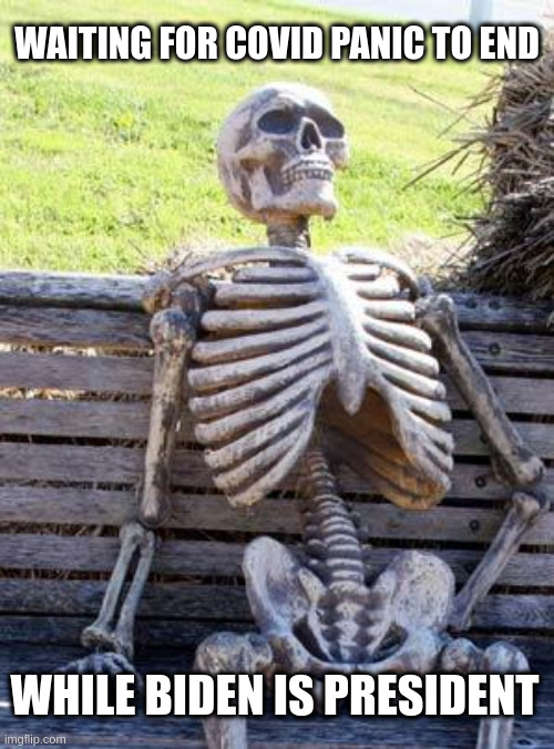 Will this ever end if leadership doesn't want it to end??? | WAITING FOR COVID PANIC TO END; WHILE BIDEN IS PRESIDENT | image tagged in memes,waiting skeleton,joe biden | made w/ Imgflip meme maker