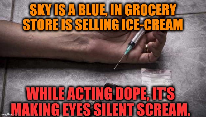 -Could hear funerals. | SKY IS A BLUE, IN GROCERY STORE IS SELLING ICE-CREAM; WHILE ACTING DOPE, IT'S MAKING EYES SILENT SCREAM. | image tagged in heroin,don't do drugs,roses are red,icecream,grocery store,confused screaming | made w/ Imgflip meme maker