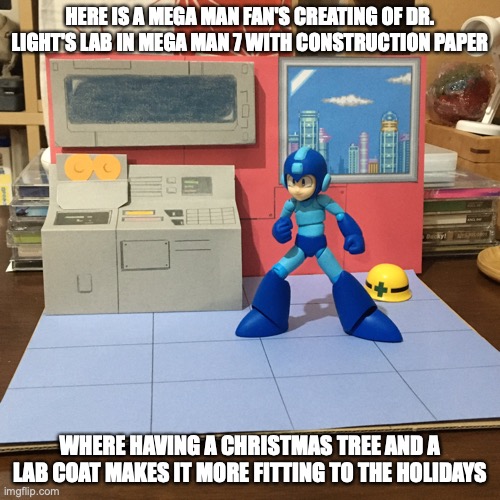 Fan-Made Dr. Light's Lab |  HERE IS A MEGA MAN FAN'S CREATING OF DR. LIGHT'S LAB IN MEGA MAN 7 WITH CONSTRUCTION PAPER; WHERE HAVING A CHRISTMAS TREE AND A LAB COAT MAKES IT MORE FITTING TO THE HOLIDAYS | image tagged in megaman,memes,gaming | made w/ Imgflip meme maker