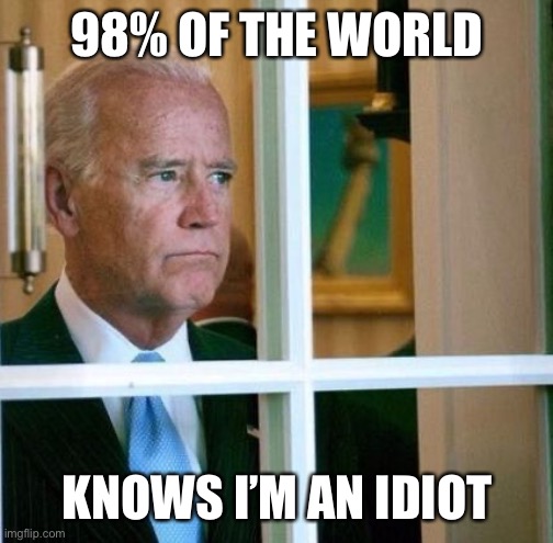 Sad Joe Biden | 98% OF THE WORLD; KNOWS I’M AN IDIOT | image tagged in sad joe biden | made w/ Imgflip meme maker