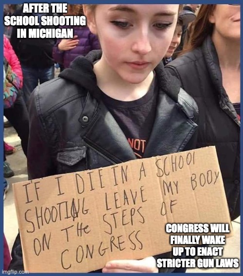 Student's Response to School Shooting | AFTER THE SCHOOL SHOOTING IN MICHIGAN; CONGRESS WILL FINALLY WAKE UP TO ENACT STRICTER GUN LAWS | image tagged in memes,politics,school shooting | made w/ Imgflip meme maker