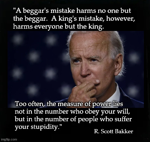 Biden's real power | "A beggar's mistake harms no one but 
the beggar.  A king's mistake, however, 
harms everyone but the king. Too often, the measure of power lies 
not in the number who obey your will, 
but in the number of people who suffer 
your stupidity."; R. Scott Bakker | image tagged in joe biden | made w/ Imgflip meme maker