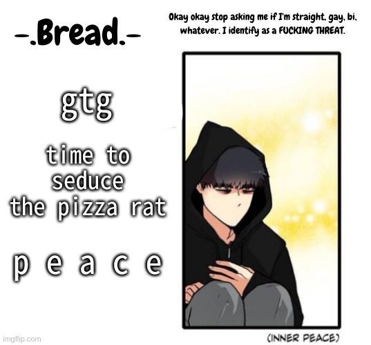 baiiiiiiiii | gtg; time to seduce the pizza rat; p e a c e | image tagged in breads inner peace temp | made w/ Imgflip meme maker