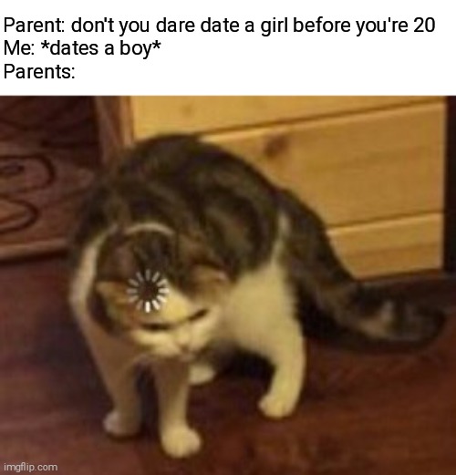 #Pride |  Parent: don't you dare date a girl before you're 20
Me: *dates a boy*
Parents: | image tagged in loading cat,lgbtq,funny,lol | made w/ Imgflip meme maker