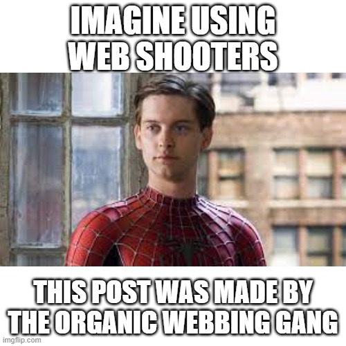 webbing | IMAGINE USING WEB SHOOTERS; THIS POST WAS MADE BY THE ORGANIC WEBBING GANG | image tagged in spiderman | made w/ Imgflip meme maker