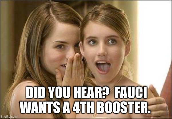 Beach Covidians | DID YOU HEAR?  FAUCI WANTS A 4TH BOOSTER. | image tagged in girls gossiping | made w/ Imgflip meme maker
