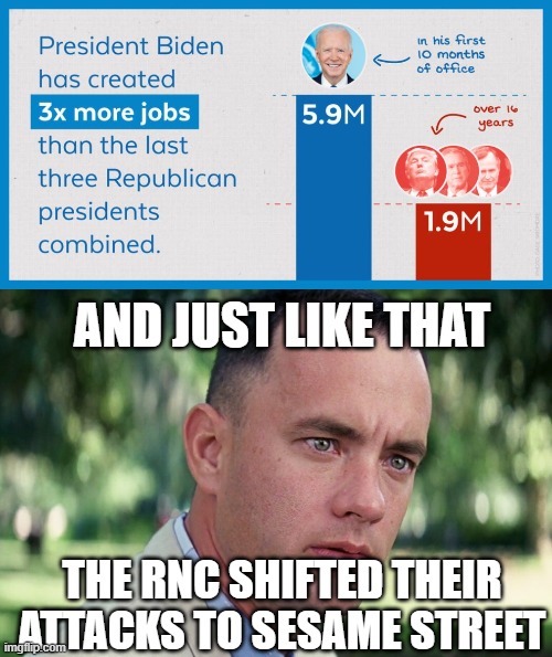 Conservative Hobgoblins | AND JUST LIKE THAT; THE RNC SHIFTED THEIR ATTACKS TO SESAME STREET | image tagged in memes,and just like that,hypocrisy,fake outrage,fake news | made w/ Imgflip meme maker