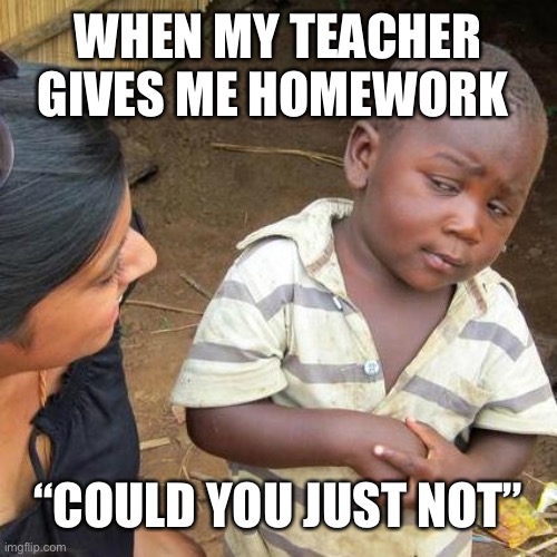 Third World Skeptical Kid Meme | WHEN MY TEACHER GIVES ME HOMEWORK; “COULD YOU JUST NOT” | image tagged in memes,third world skeptical kid | made w/ Imgflip meme maker