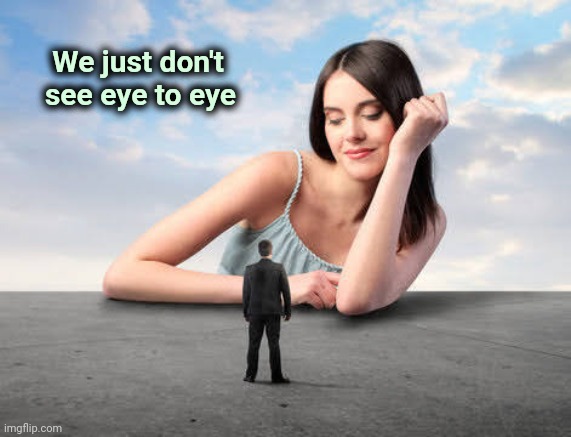 Giant woman | We just don't
    see eye to eye | image tagged in giant woman | made w/ Imgflip meme maker