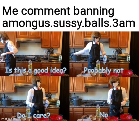 Ranboo "Is this a good idea?" | Me comment banning amongus.sussy.balls.3am | image tagged in ranboo is this a good idea | made w/ Imgflip meme maker