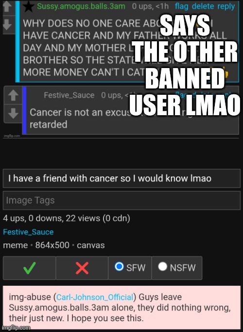 SAYS THE OTHER BANNED USER LMAO | made w/ Imgflip meme maker