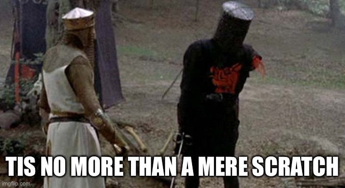 Tis but a scratch | TIS NO MORE THAN A MERE SCRATCH | image tagged in tis but a scratch | made w/ Imgflip meme maker